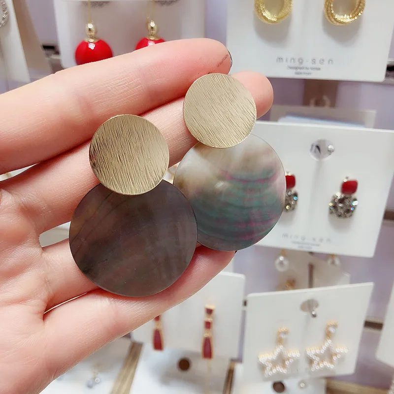 Модные серьги подвески в виде ракушек Abalone для женщин золотистые блестки круглые