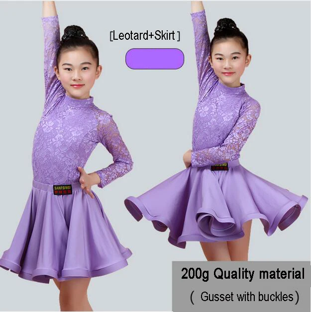Lavender Long Sleeve Новинка; юбка для латинских танцев для девочек; юбки для бальных танцев, сальсы, танго; детское кружевное платье с разрезом для латинских танцев; трико и юбка - Цвет: Lavender Long Sleeve