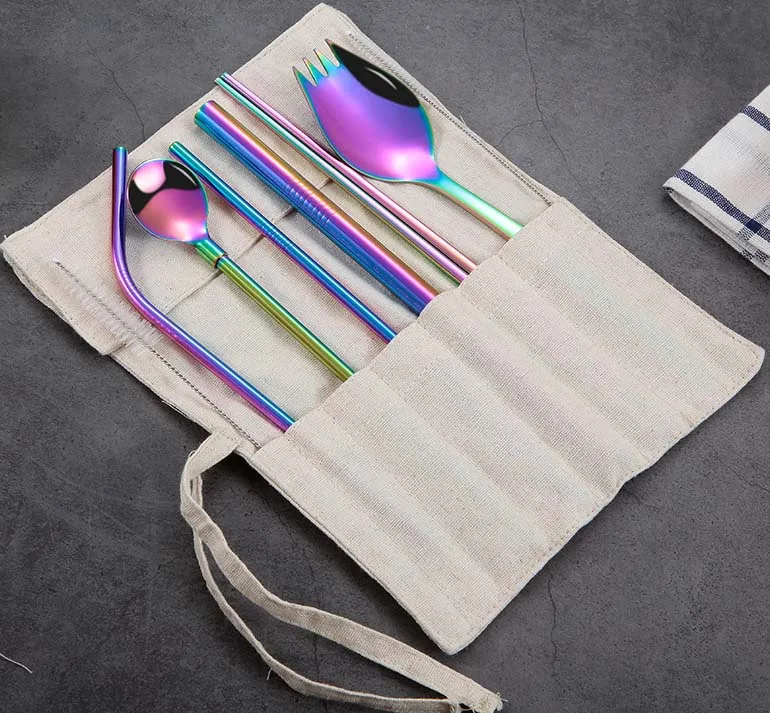 GLANYOMI 9 шт./компл. 304 набор соломинок из нержавеющей стали с Ложка Вилка палочки для еды креативная Бытовая портативная посуда - Цвет: Rainbow