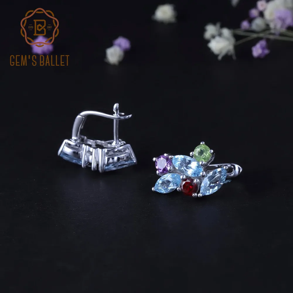 Gem's Ballet 925 Sterling Silver Jewelry Multicolor Natural Sky Blue Topaz Garnet Peridot Amethyst Stud Earrings For Women