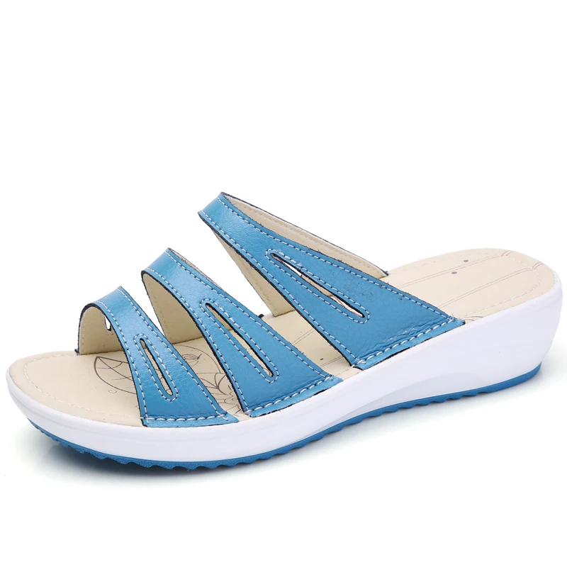 STQ/ г. Летние женские тапочки сандалии обувь без шнуровки с круглым носком удобные белые кожаные сандалии Вьетнамки 858 - Цвет: 858 Blue