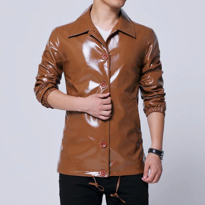 Повседневный мужской пиджак пальто из искусственной кожи хаки Блестящий хорошее качество Размер drop Прямая fly button slim fit отложной воротник - Цвет: HMPY5038 Khaki