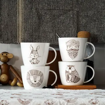 

Bone China ceramic cups and mugs with handgrip porcelain drinkware Retro milk tea coffee cup lion rabbits uncle bear printed mug