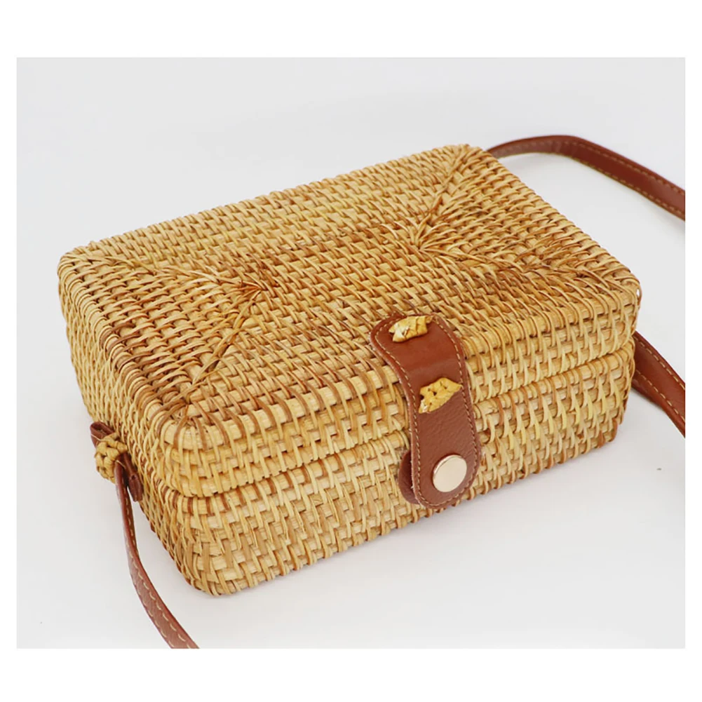 

Women Party Fashion Rattan Woven Straw Braid Travel Summer Beach Square Retro Handbag Crossbody Bag Shoulder Buckle Handmade