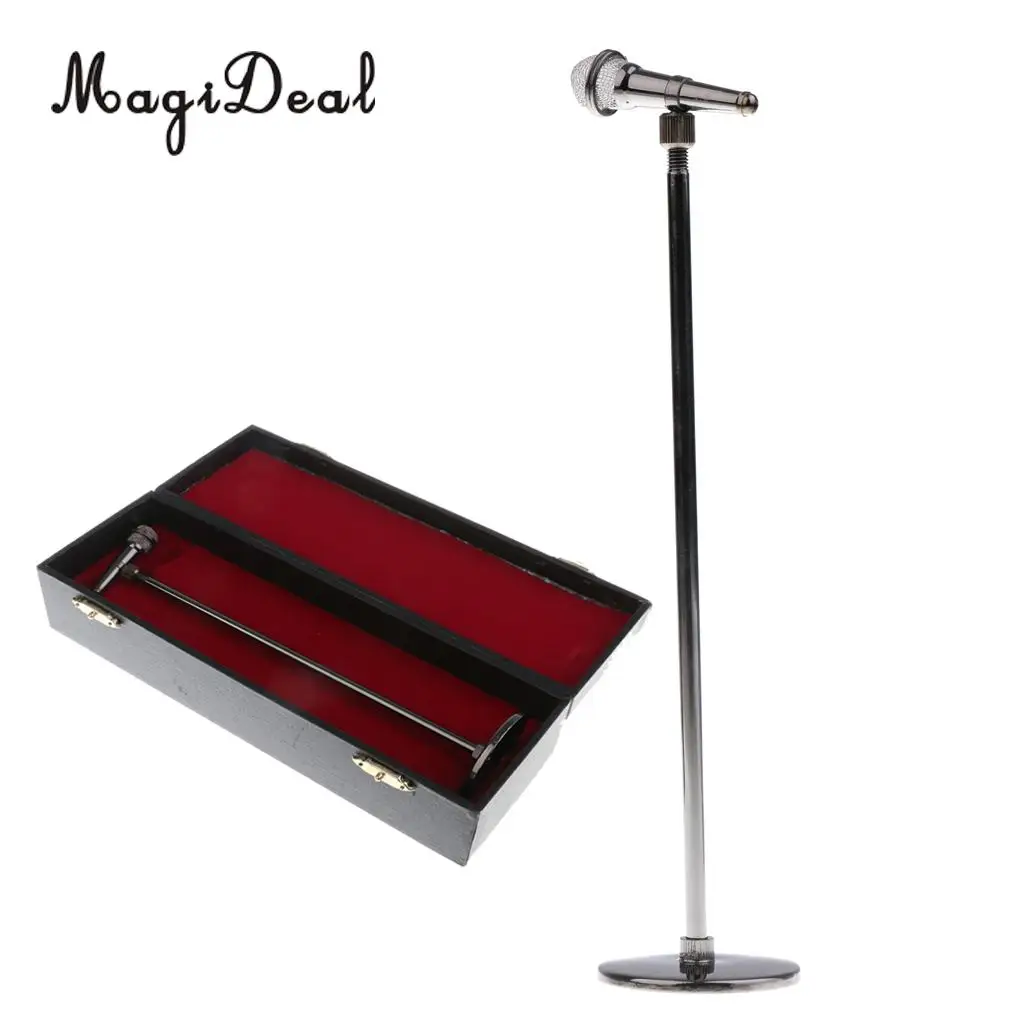 1/6 Scale Miniature Copper Adjustable Height Microphone Model with Stand and Box for Dolls Accessory Children Kids Toy