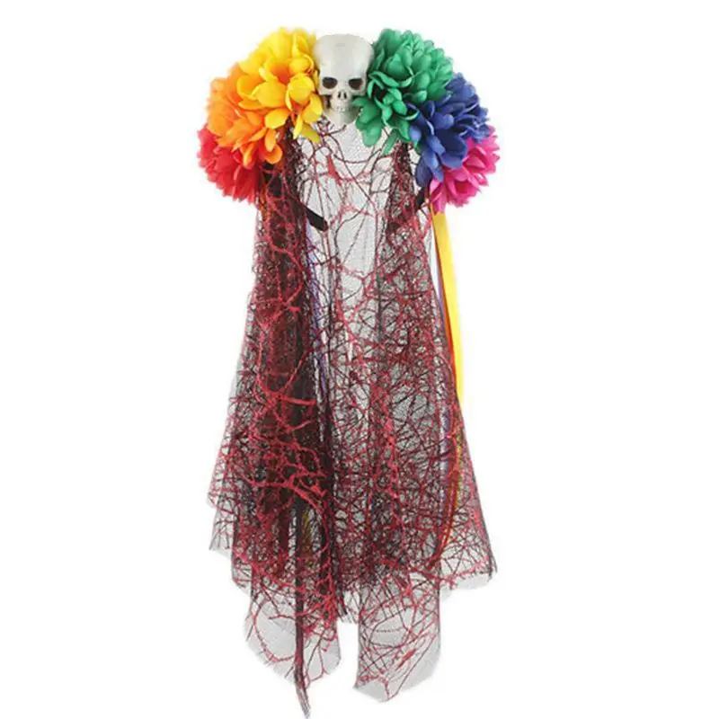 Женский костюм на Хэллоуин в стиле панк, радужные искусственные цветы, длинная кружевная вуаль, украшение в виде черепа, обруч для волос, готические ленты, праздничный головной убор