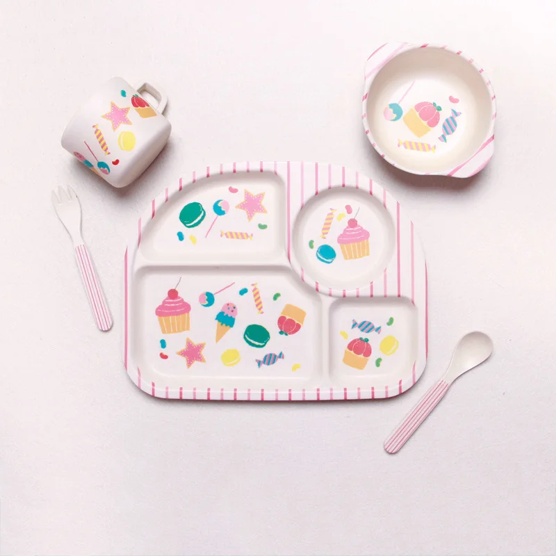 Baby Bamboo Fiber Tableware 5 PcsSet Children Dinner Cartoon Plate Bowl Fork Spoon Cup Feeding Set Supplier Food Dishes BB5090 (1)