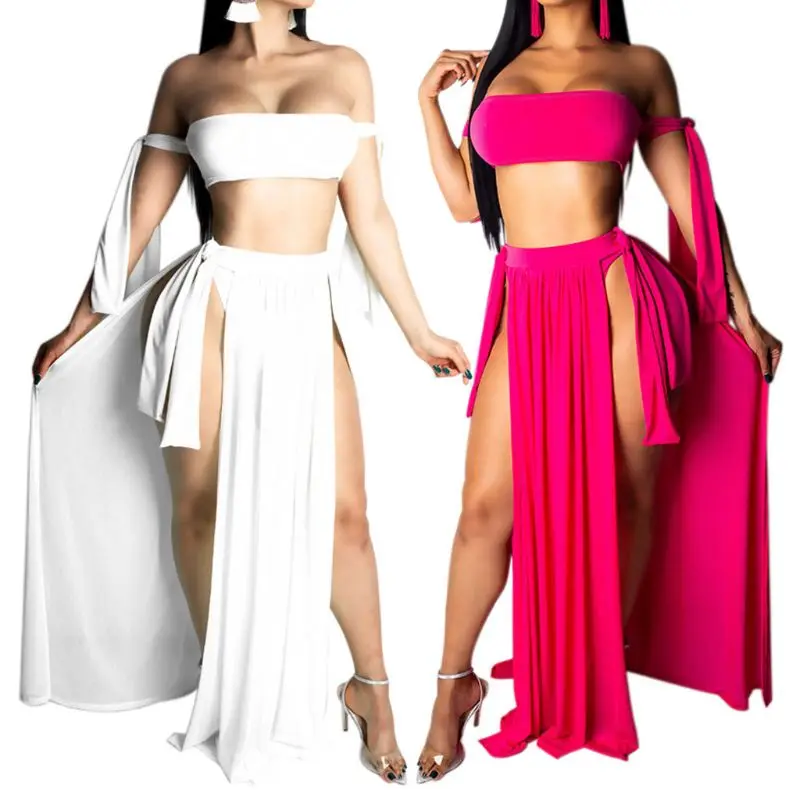 

Womens Sexy 3Pcs Bikini Set Off Shoulder Bandeau High Cut Thong Cover Up Skirt Solid Color Swimsuit Lace Up Bandage Bathing Suit
