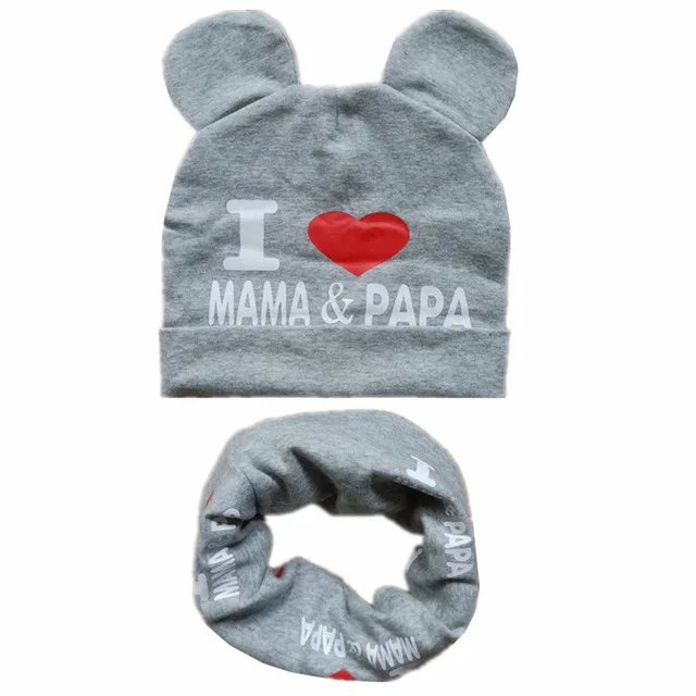 gray mama set Весенне-Осенняя детская хлопковая шапка, шарф, комплект с принтом «Love Mom», шапки для мальчиков и девочек, нагрудники, детский шейный шарф, шапка, детские вязаные шапки, реквизит для фотосессии - Цвет: gray mama set