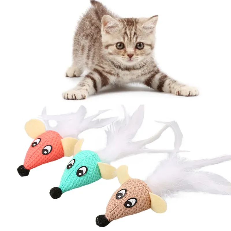 

Soft Plush Colorful Mouse Shape Tease Cat Toy With Feathers Cat Bite-resistant Scratching Mouse Toy Cats Interactive Chasing Toy