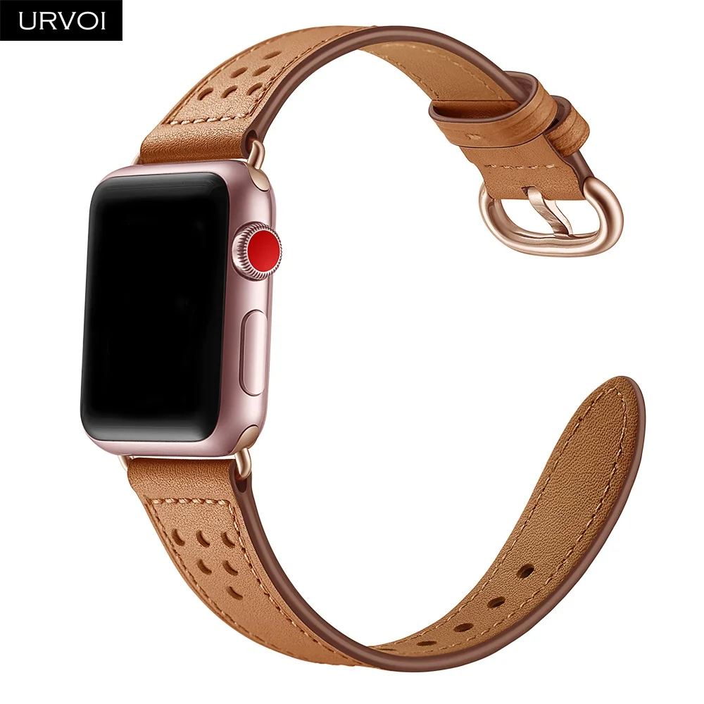 Кожаный ремешок URVOI для apple watch series 5 4 3 2 1 тонкий iwatch классический адаптер розового