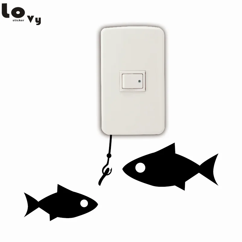 Fishing Bait and Two Fish Swimming Below Light Switch sticker cartoon animal vinyl wall stickers Bedroom/Home Decor