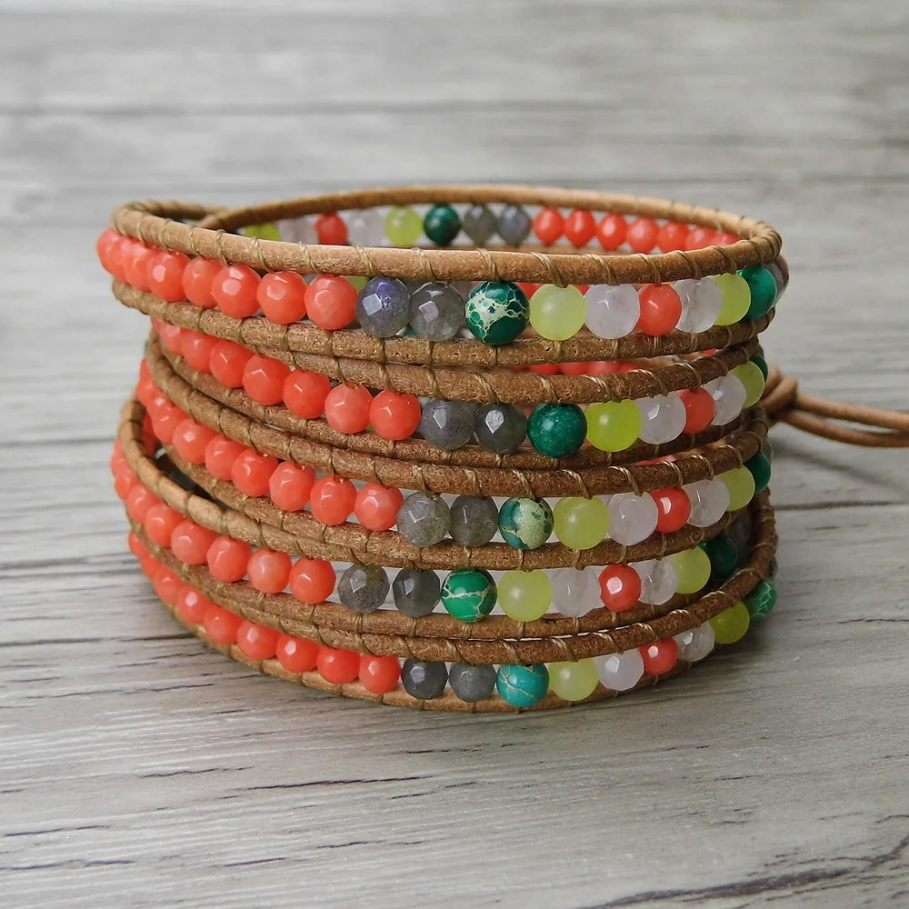 boho bead bracelet gypsy leather wrap bracelet orange beads bracelet
