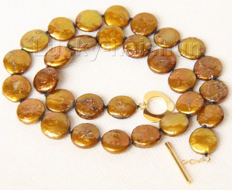 

luster 17" 12mm coin fastener coffee pearls necklace filled gold clasp j9498^^^@^Noble style Natural Fine jewe FREE SHIPPING