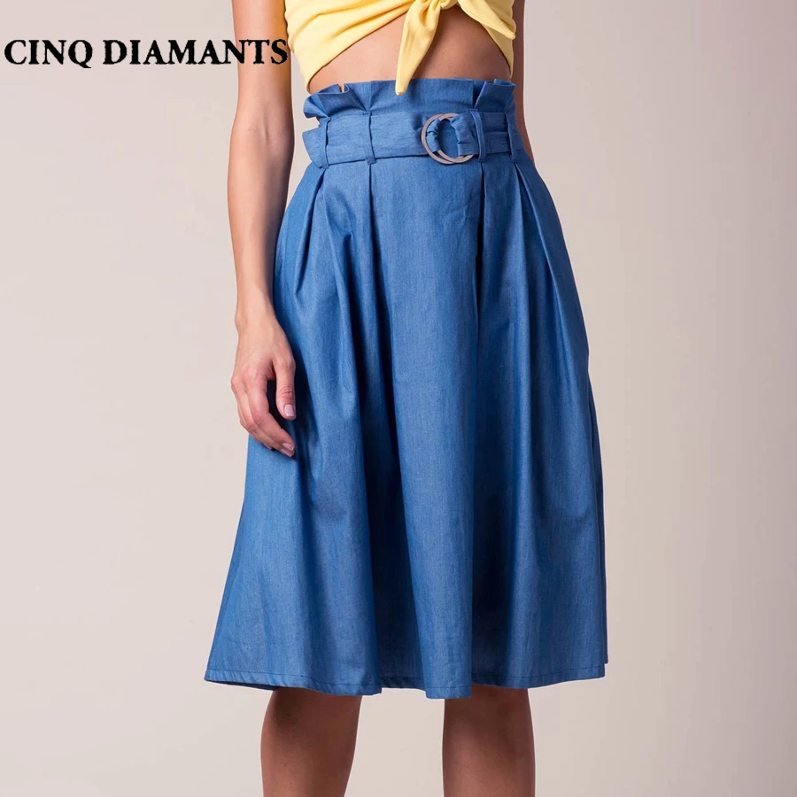 CINQ DIAMANTS Women Midi Denim Skirt Knee Length A Line Blue Skirt