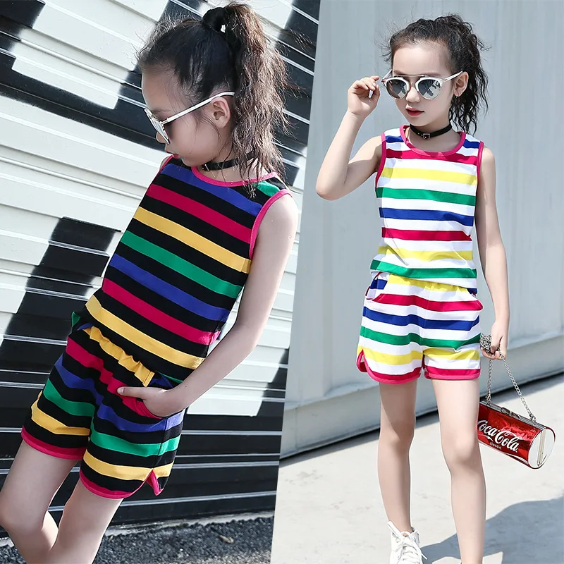 

Summer Girls Clothes Set Teenage Kids Clothing Children Sports Suit Striped Girls Sets Casual Tracksuit 6 8 10 12 14 Years