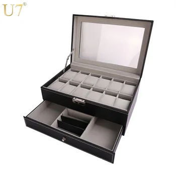 

U7 Watches Holder Jewelry Organizer Box Big Storage Case with Lock Key Drawer Black High Quality PU Leather Chic Decoration OB07
