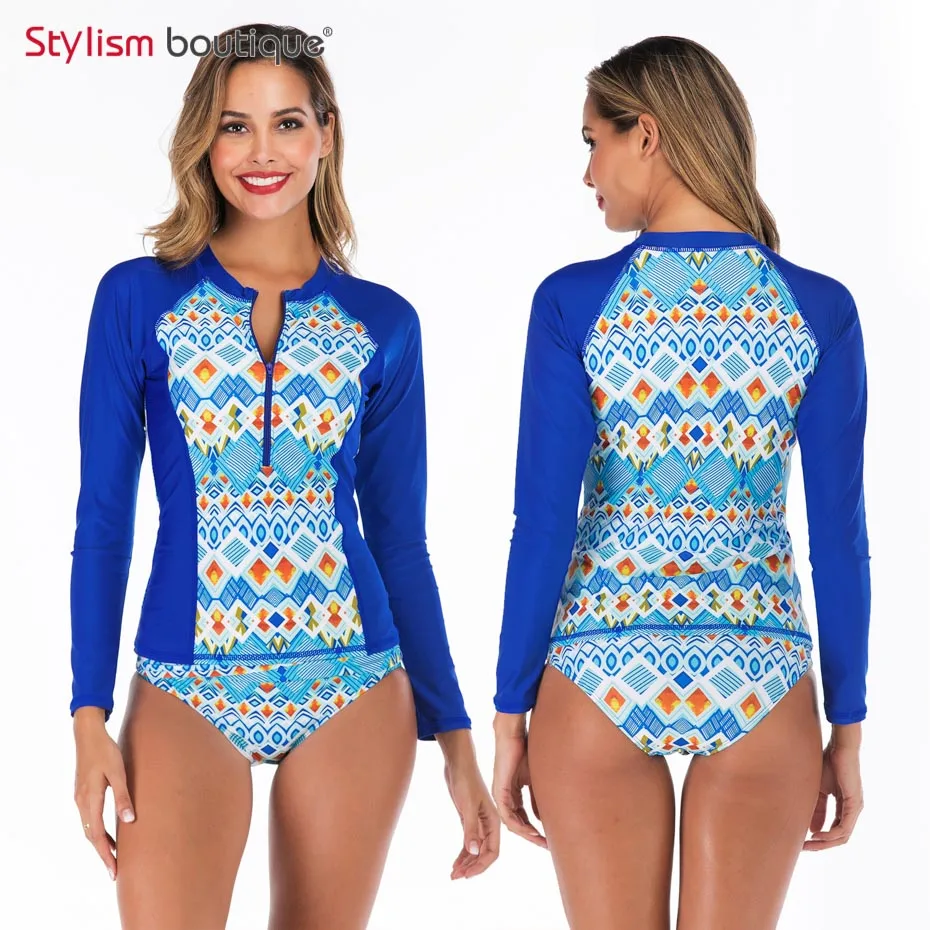 New Rashguard Padded Long Sleeve Swimsuit Surfing Rash Guard Women Two Piece Swimwear Separate Tankini Sport Bathing Suit