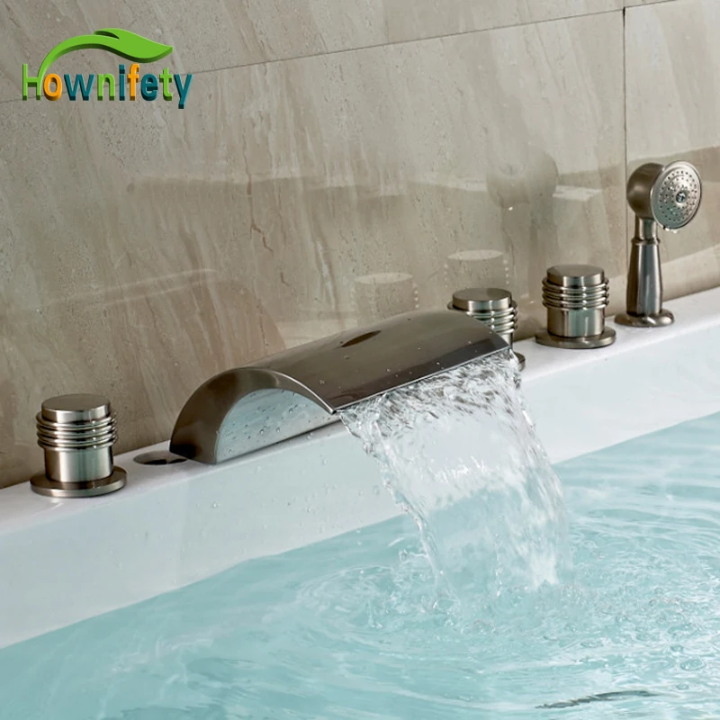 

Modern Brushed Nickel Bathtub Faucet Three Handles Mixer Tap With Handshower