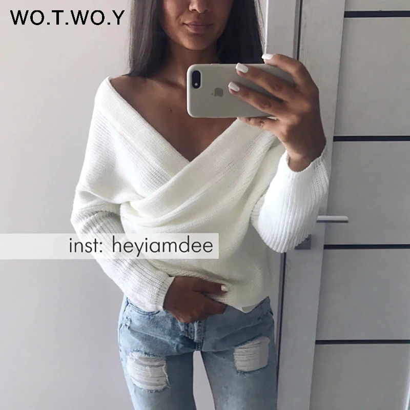 WOTWOY Sexy V Neck Cross Knitted Sweater Women Pullover Hollow Out 2018 Winter Cashmere Women Sweater Backless Streetwear Jumper