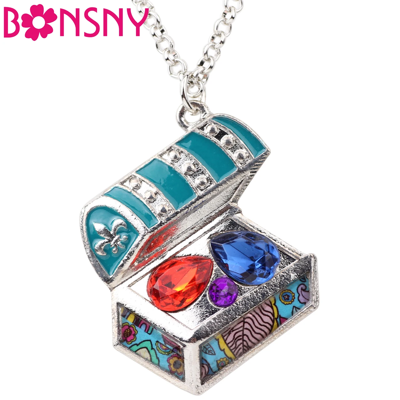 Bonsny Statement Maxi Enamel Crystal Treasure Box Necklace Pendants