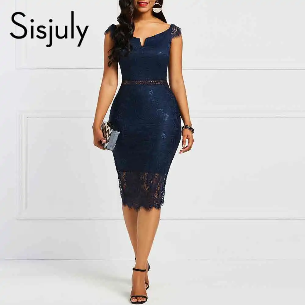 Sisjuly Bodycon женщины платье кружева Слэш шеи полые спинки Сексуальная элегантный ол партия шикарный летний лоскутное платье ретро платья - Цвет: Blue