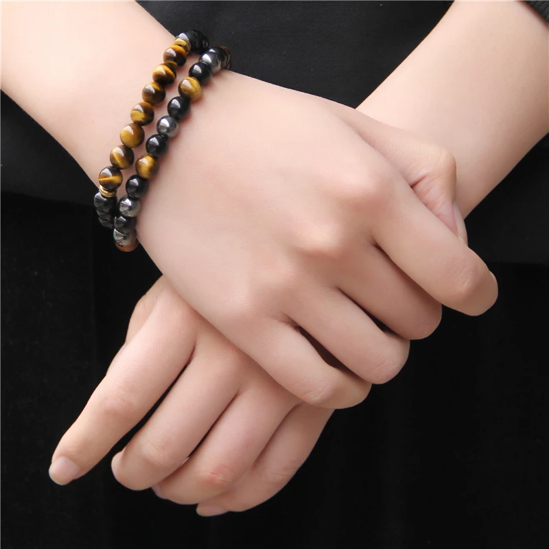 2pcs Men Bracelets Beads Natural Stone Black Onyx&Tiger Eye&Hematite Stone Bracelets for Women Men No Magnetic Bracelet