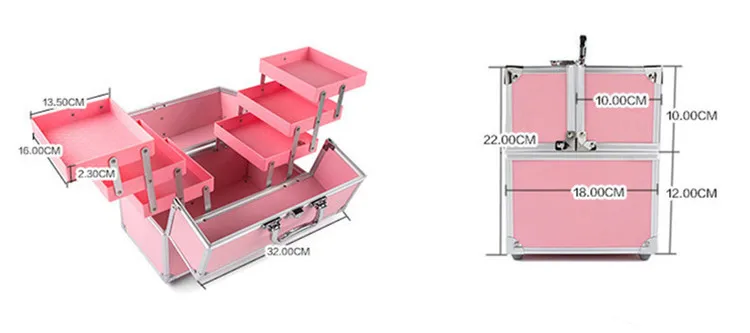 Профессиональный Регулируемый Чехол для макияжа-6 подносов, косметический чехол s, органайзер для хранения косметики, коробка с замком и отделениями розового цвета