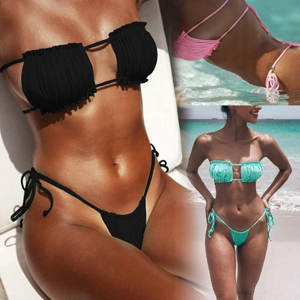 

2019 Women Padded Bikini Set Two Piece Bikini Swimsuits G-string Bikini Strapless Wire Free Bathing Suit Swimwear Bandeau
