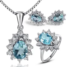 Классический дизайн синий топаз Капли воды украшения с топазом наборы кольцо настоящий самоцвет кулон ожерелье серебро 925 кольцо