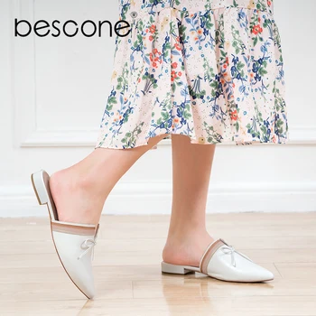 

BESCONE Fashion Woman Mules Handmade Genuine Leather Sexy Pointed Toe Soft Low Heel Shoes Classic Casual Lady Elegant Mules A24