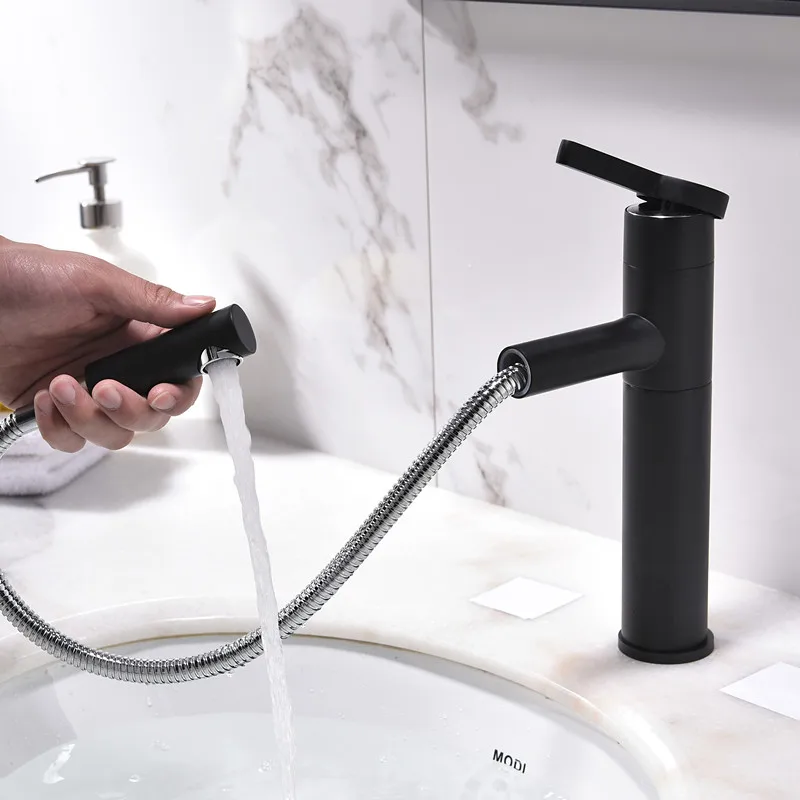 

basin faucet black smoke pull out hot and cold water to wash face basin by single-hole sitting rotating copper faucets tap
