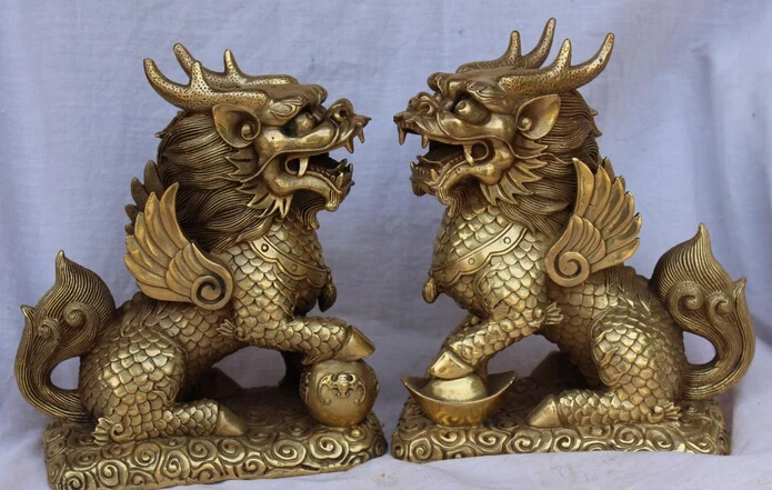 

002507 10" Bronze Guardion Foo Flying Kylin Beast Chi-lin Unicorn Yuanbao Pair