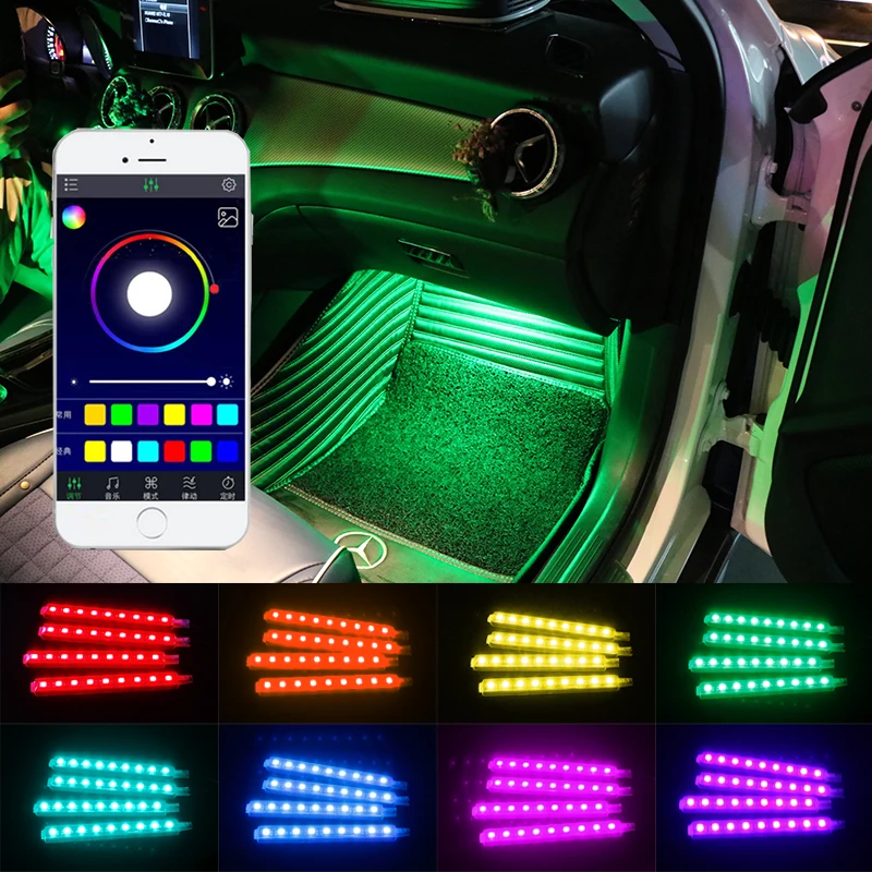 OKEEN 4Pcs 12V Car Neon Atmosphere RGB LED Strip Light 5050SMD Car Auto APP Control Decorative