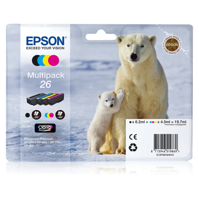 

Epson Multipack Epson 26 4 colores (etiqueta RF), Negro, Cian, Magenta, Amarillo, Epson, XP-600 / XP-605 / XP-700 / XP-800, CE,