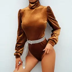 2019 Новые однотонные высокие средства ухода за кожей шеи для женщин чарующие боди мода с длинным рукавом тонкий тощий бархат боди