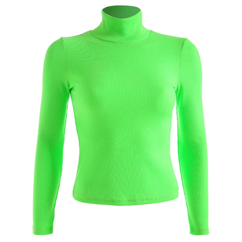 Neon Turtleneck Pullover Sweater Women Autumn Winter Fluorescent Green Long Sleeve Slim Whorl Solid Color Knitting Sweaters