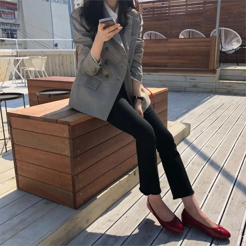 Notched Collar Women Jacket Blazer Classic Plaid Double Breasted Female Suits 2019 Spring Autumn Fashion Coat  Houndstooth Coats