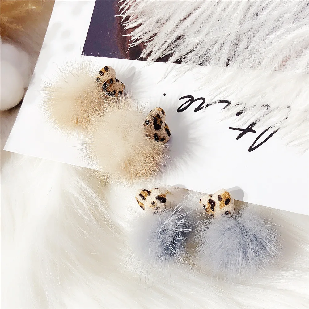 Leopard-print Hair Ball Earrings Heart-shaped Temperament Korean Personality | Украшения и аксессуары