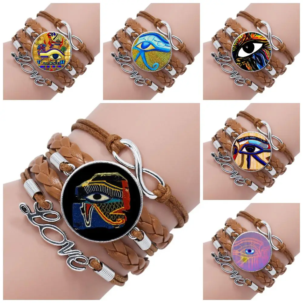 

Ancient Egypt Egyptian The Eye of Horus Glass Cabochon Jewelry With Statement Multilayer Black/Brown Leather Bracelet Bangle
