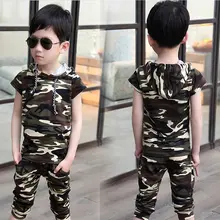 Детский летний Камуфляжный костюм для мальчиков топы с капюшоном для мальчиков+ короткие штаны детские комплекты из двух предметов для детей возрастом от 4 до 14 лет
