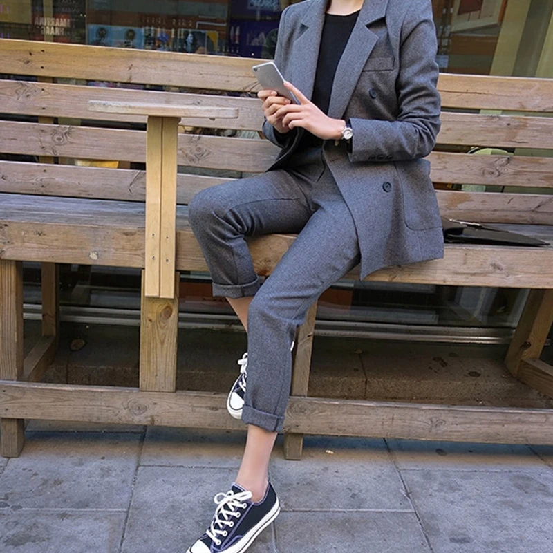 Fashion Spring And Autumn Slim Trousers Two Pieces Grey Double Breast Button Long Pant Jacket Office Lady Long Sleeves Lady Suit