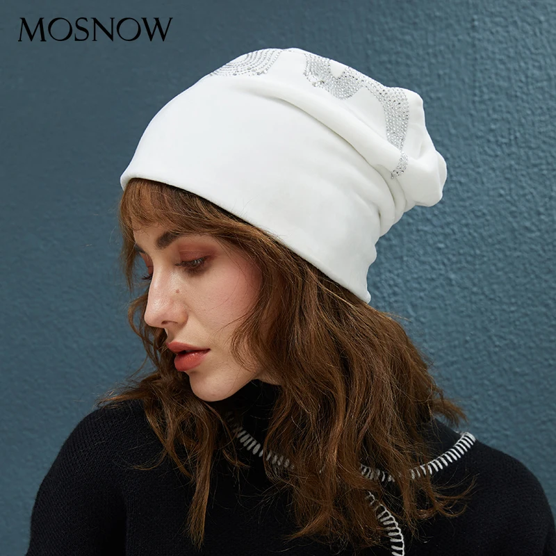 Tanie Zimowe damskie czapki aksamitne z kapeluszem Rhinestone rozciągliwe czapki z dzianiny damskie jesień 2019 nowe ciepłe Skullies Cap Casual Beanie Hot