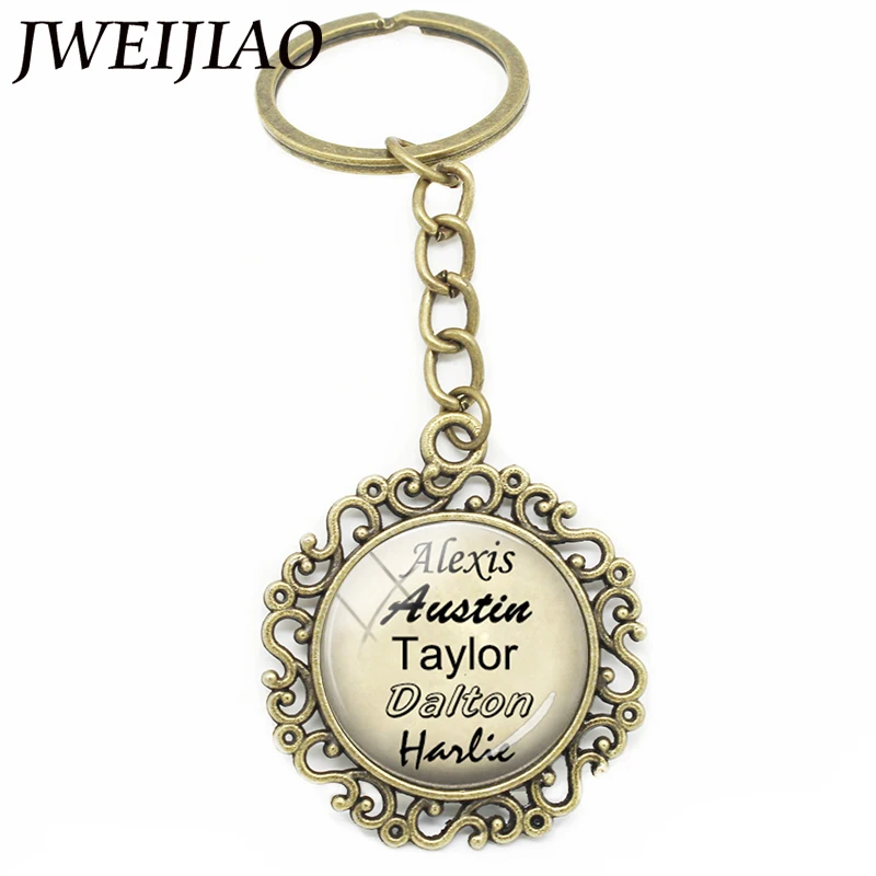 

JWEIJIAO Personalized Keychain Vintage Hollow Flower Key Chain Custom Your Family Names Glass Dome Photo Jewelry Gift NA01