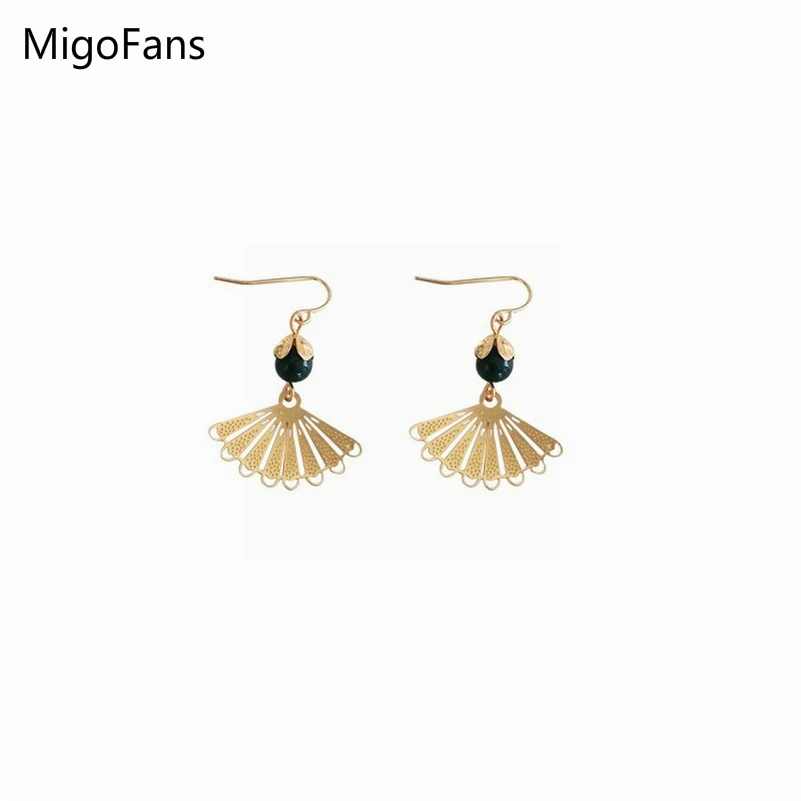 

Classicality Chinese Style Gold-color Fan Long Chain Drop Earrings for Women Palace Peacock Green Beads Short Dangle Earrings