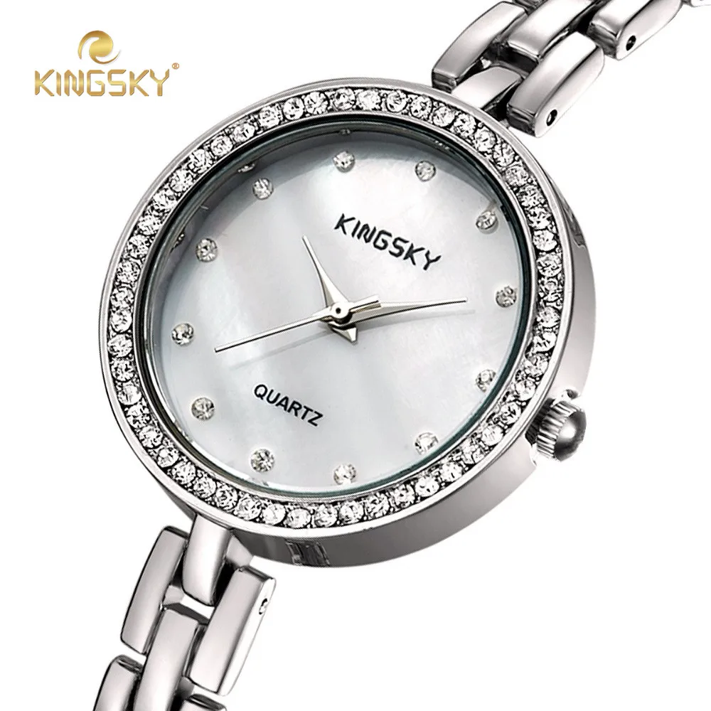 KINGSKY Small Bracelet Ladies Watches Big Face Gold Silver Rhinestone Dial Quartz Movement