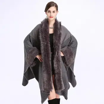 

2019 Europe autumn winter New loose Faux fox fur collar plus size Knit cardigan shawl women fashion Shawl cloak coat w710