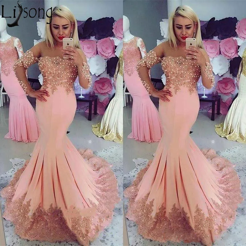 Modest Peach Pink Mermaid Prom Dresses with Capped Long Sleeves Lace Appliques Beading See Through Neckline Ruched Formal Evening Gowns 149