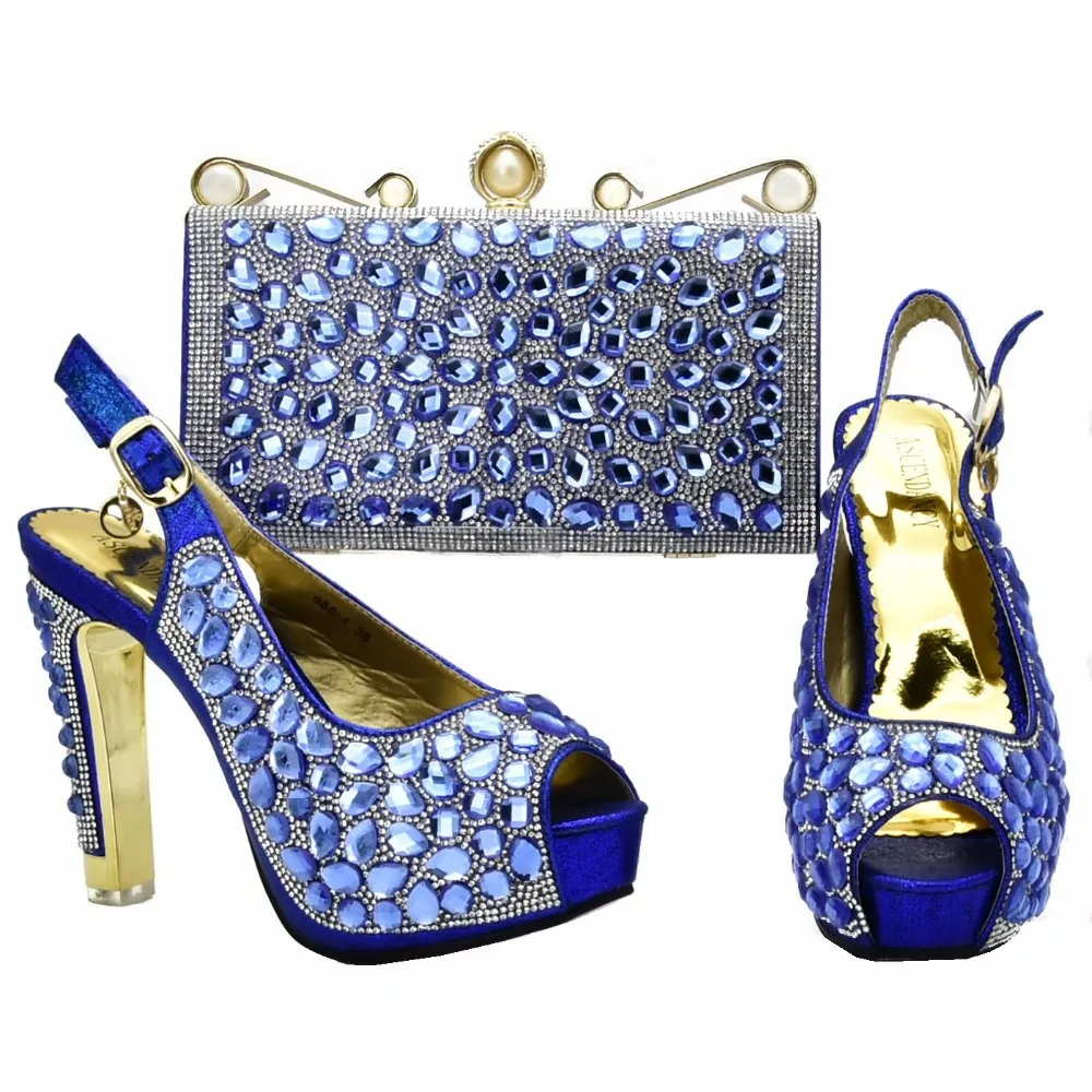 

4.7 inches high heel shoes and bag matching set in royal blue with big stones size 37 to 42 italian shoes and bag set SB8334-4