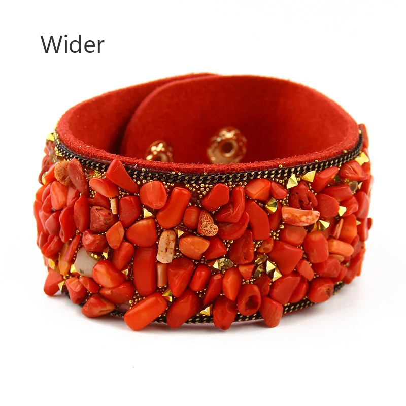 Горячая Распродажа Модный женский браслет с натуральными камнями винтажный кожаный браслет с пуговицами женские ювелирные изделия - Окраска металла: red
